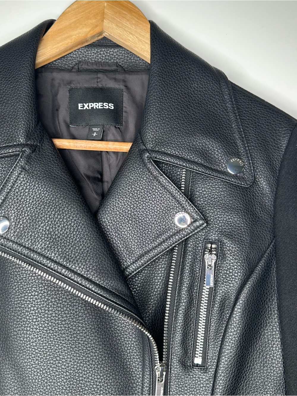 Express NEW! Black Wool Blend Faux Leather Moto Longline Jacket Coat Small - Picture 7 of 10